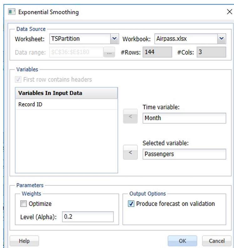 Exponential Smoothing Dialog