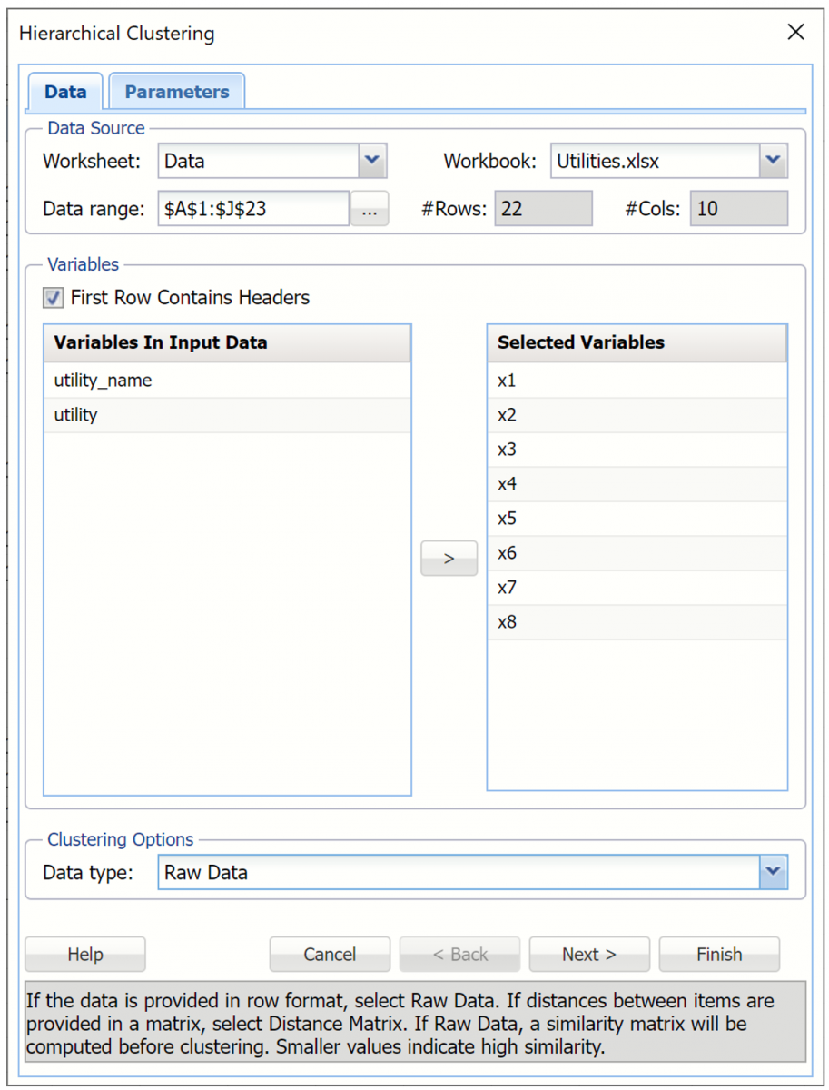 Hierarchical Clustering, Data tab