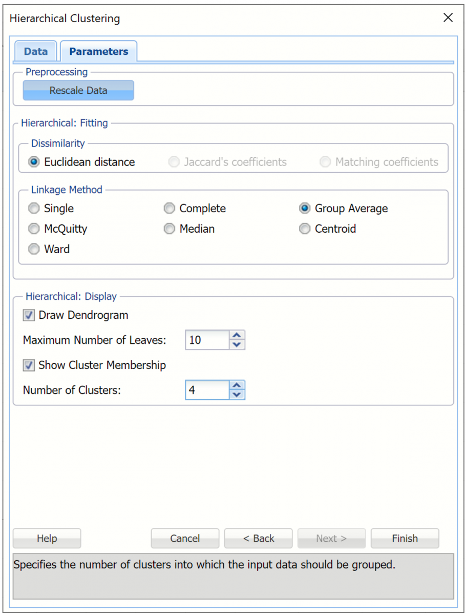 Hierarchical Clustering Dialog, Parameters tab