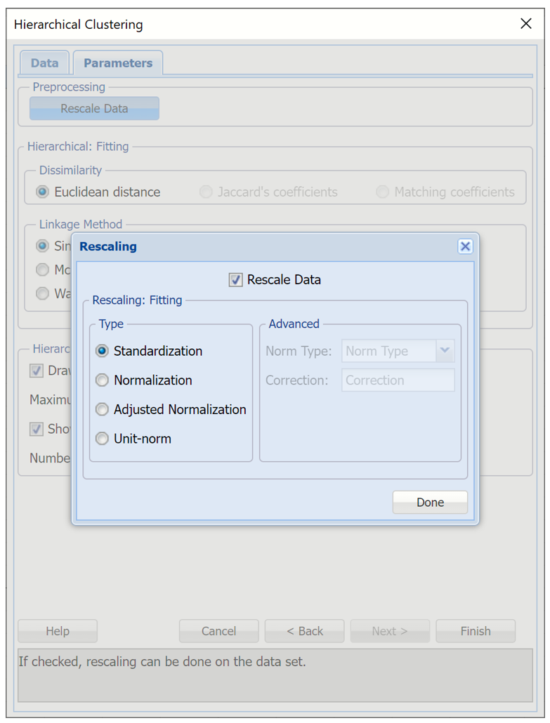 Hierarchical Clustering, Rescaling Dialog