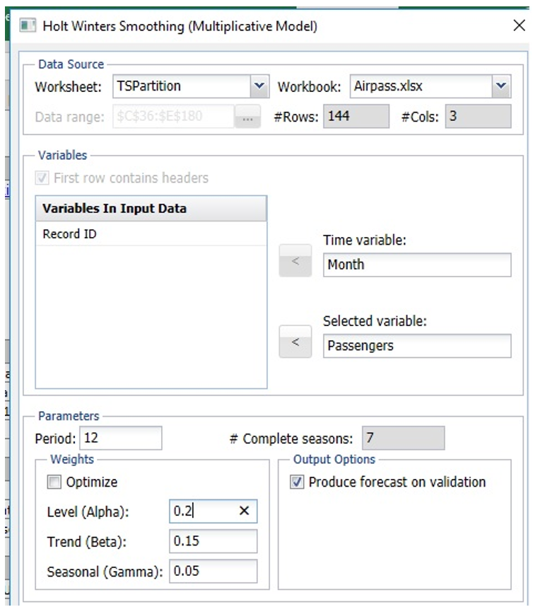 Holt Winters Smoothing (Multiplicative Model) Dialog