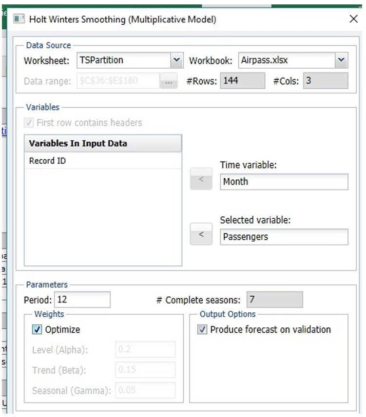 Holt Winters Smoothing (Multiplicative Model) Dialog with Optimize parameter selected