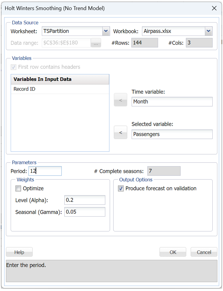 Holt Winters Smoothing (No Trend Model) Dialog