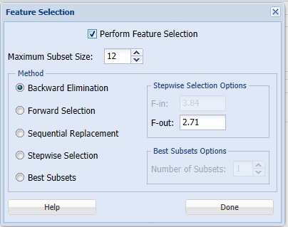 Logistic Regression -  Feature Selection Dialog