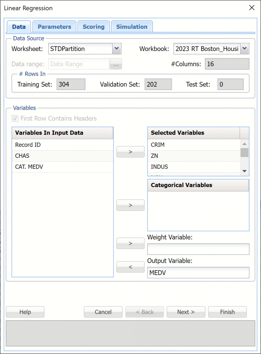 Linear Regression Data Dialog