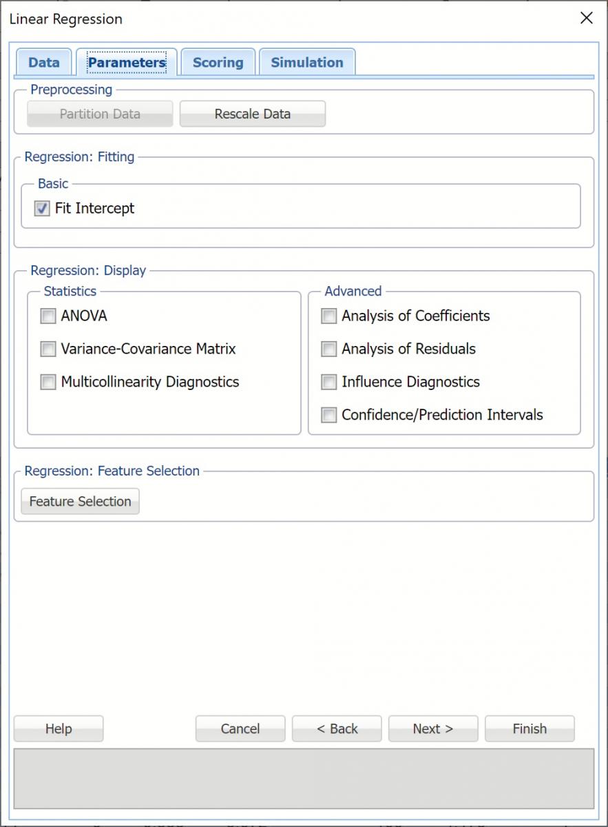 Linear Regression Parameters Dialog