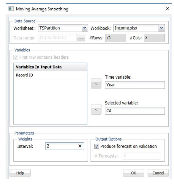 Moving Average Smoothing dialog, Income example