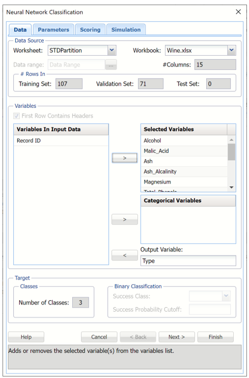 Neural Network Classification dialog, Data tab