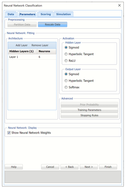 Neural Network Classification dialog, Parameters tab