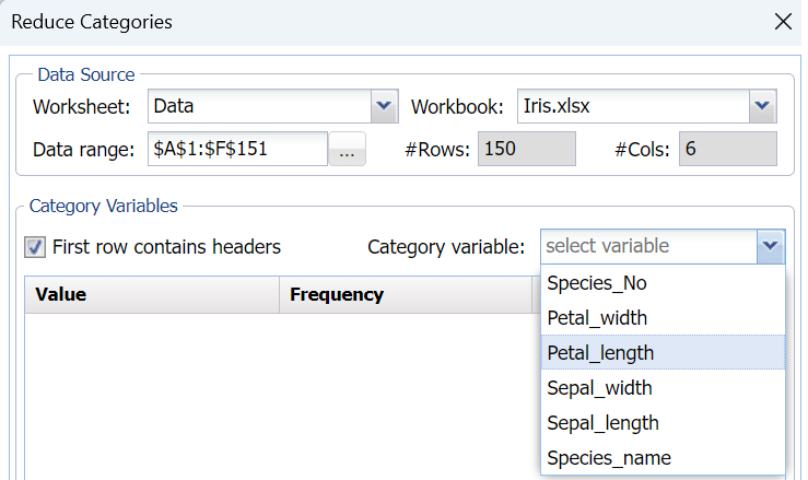 Reduce Categories Dialog Select Variable Menu