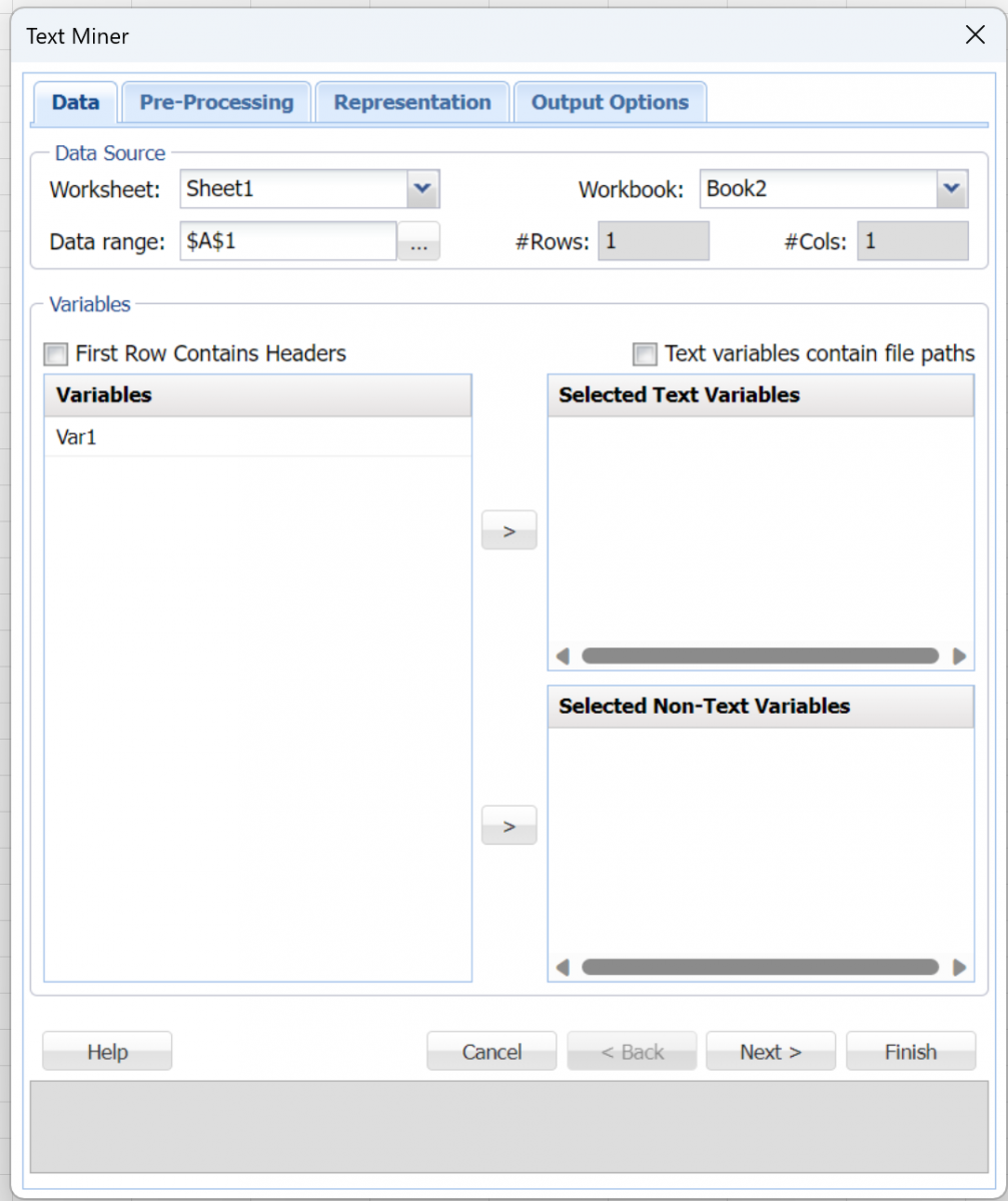 Analytic Solver Data Mining:  Text Miner Data tab