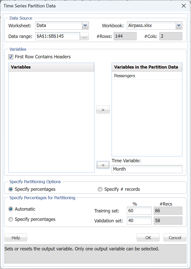 Time Series Partition Data dialog, Airpass dataset