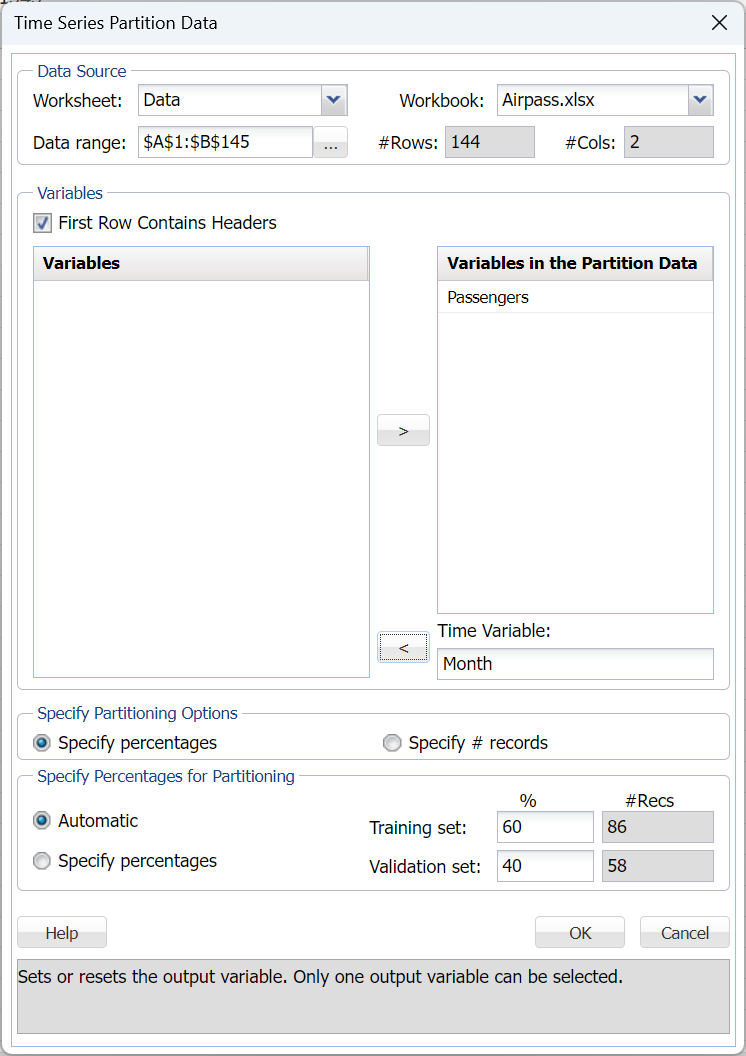 Time Series Partition Data Dialog for Exponential Smoothing Examples