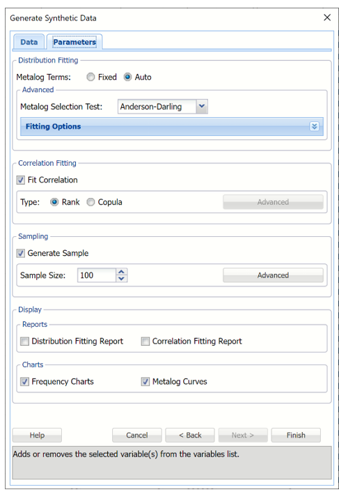 Generate Synthetic Data, Parameters Tab