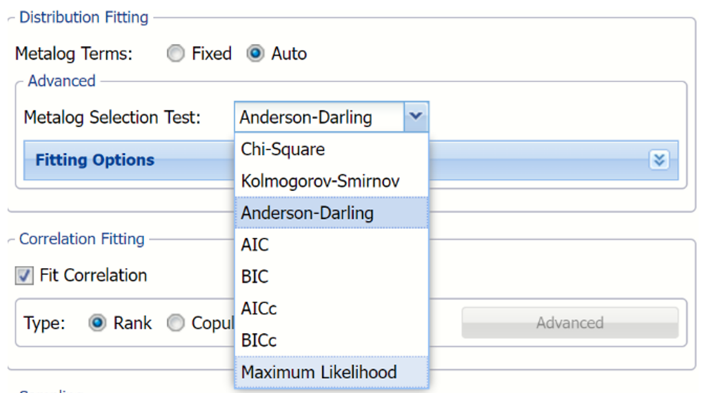 Metalog Selection Test Menu on the Generate Synthetic Data Dialog